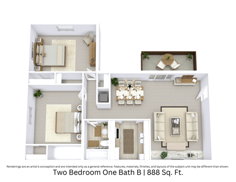 3D floor plan providing an angled view of the Two Bedroom One Bath B apartment, with furniture layout and room flow across 888 Sq. Ft.